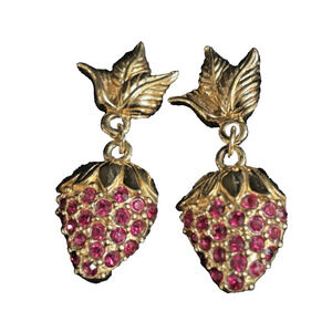 Vintage Avon Strawberry Dangle stud Earrings Bright Pink Rhinestones Gold Tone